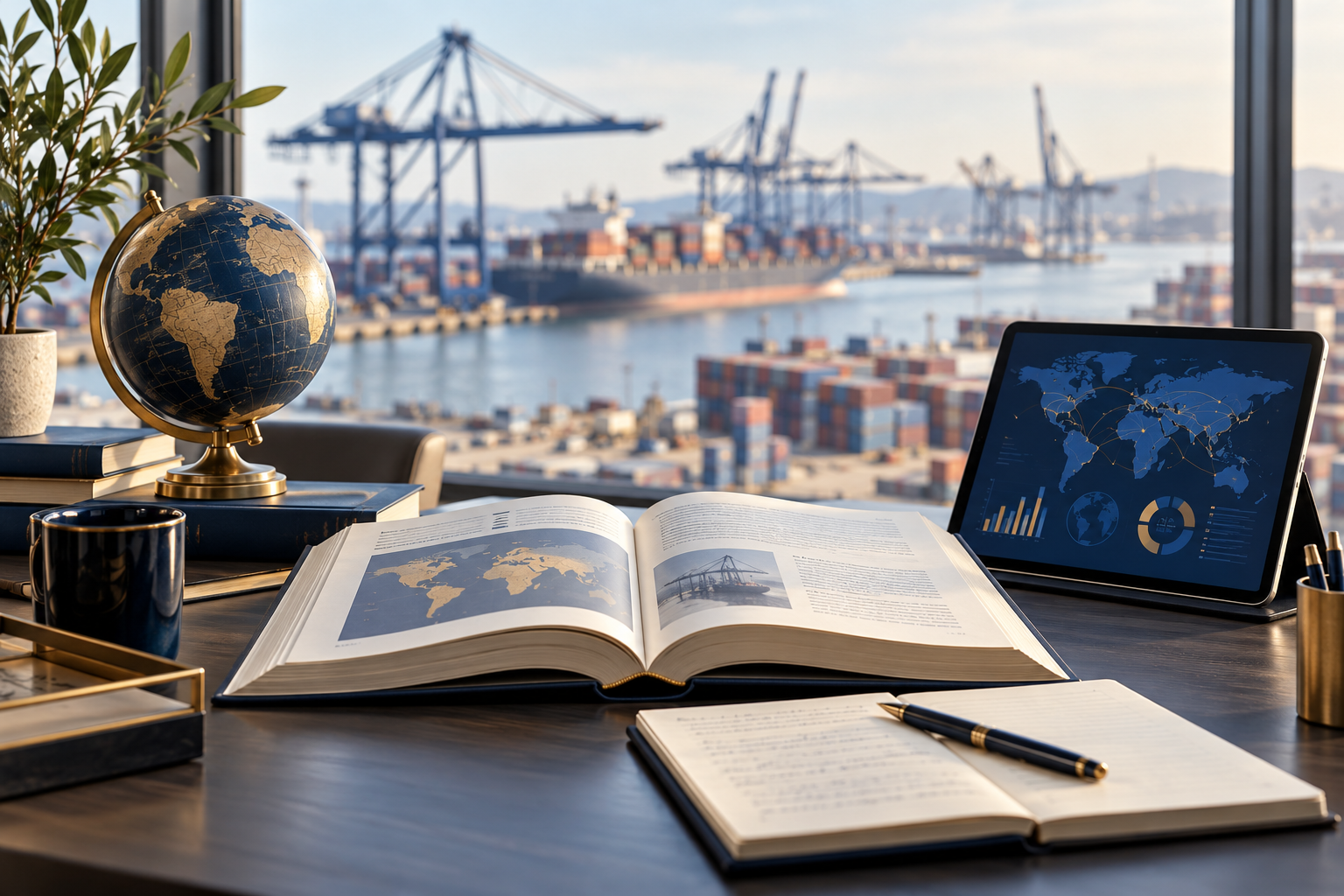 Libros, globo y recursos visuales de comercio internacional